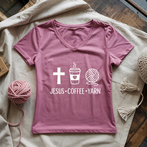 Jesus, Coffee and Yarn Lady V-neck