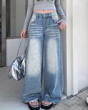 Light Blue Washed Wide-Leg Jeans