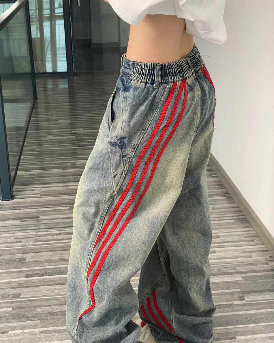 90s Style Wide Red Stripe Jeans