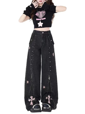Grunge Cross Zip-Up Jeans