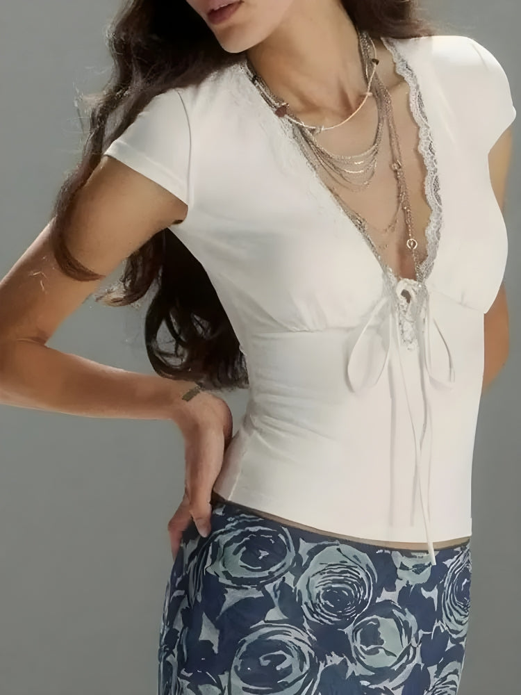 Lace Trim Tie Front Top