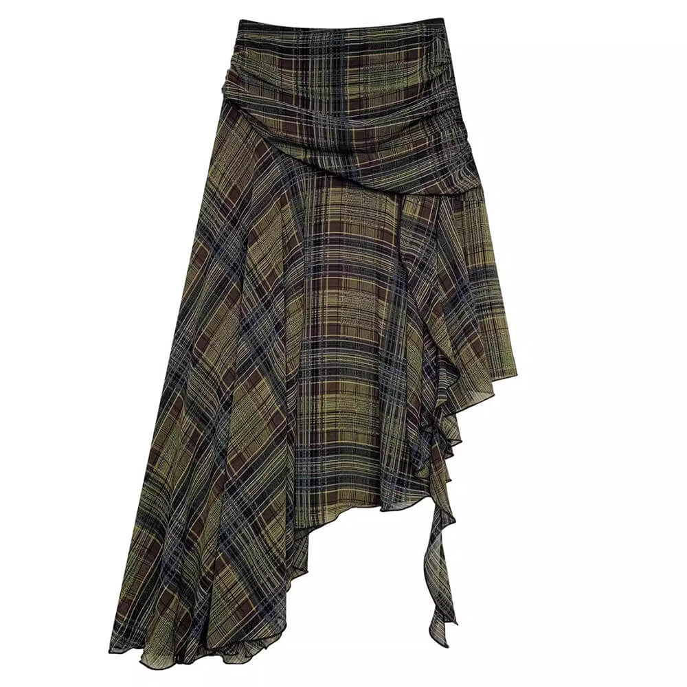 Asymmetrical Plaid Midi Skirt