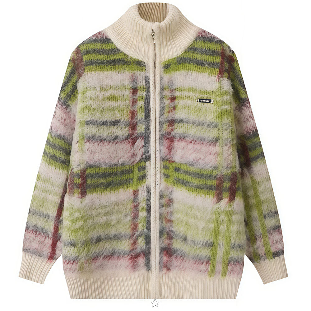 Indie Kid Fuzzy Plaid Zip Up Sweater