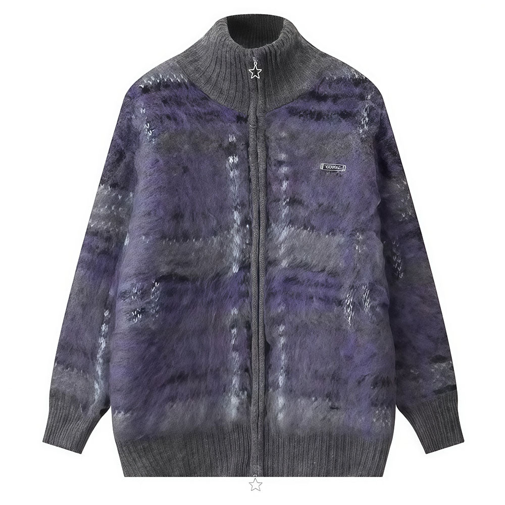 Indie Kid Fuzzy Plaid Zip Up Sweater