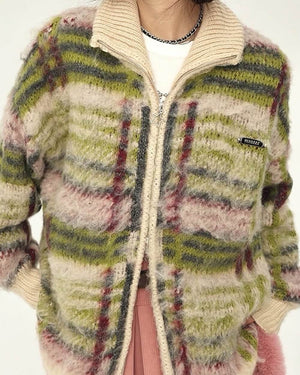 Indie Kid Fuzzy Plaid Zip Up Sweater