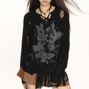 Oversized Ripped Sweater with Butterfly Print
