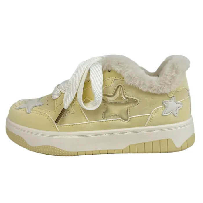 Pastel Yellow Star Fur-Lined Sneakers
