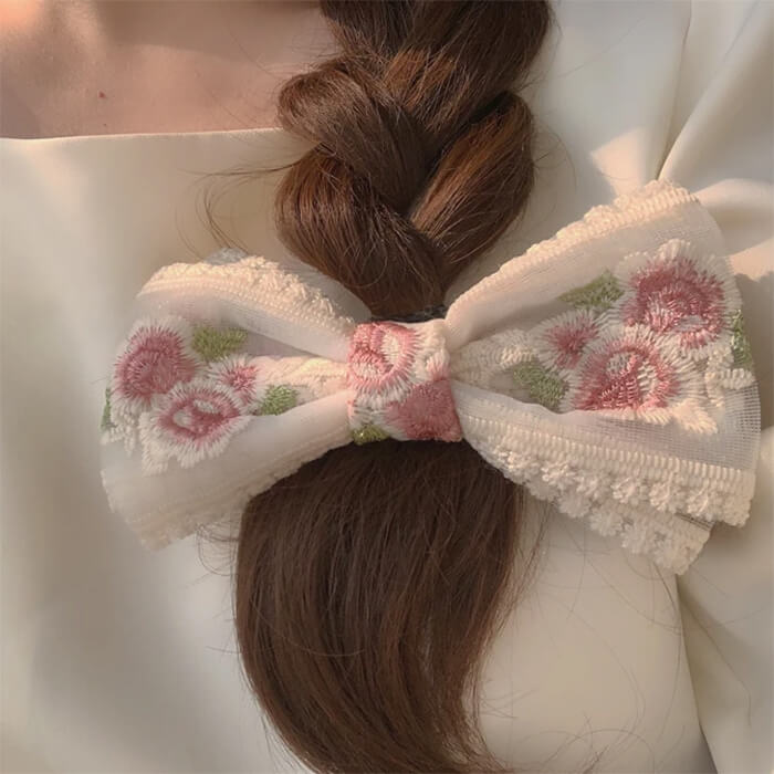 Rose Embroidery Lace Hair Bow