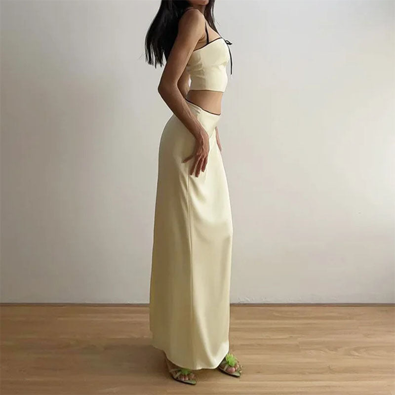 French Summer Satin Top & Maxi Skirt Set