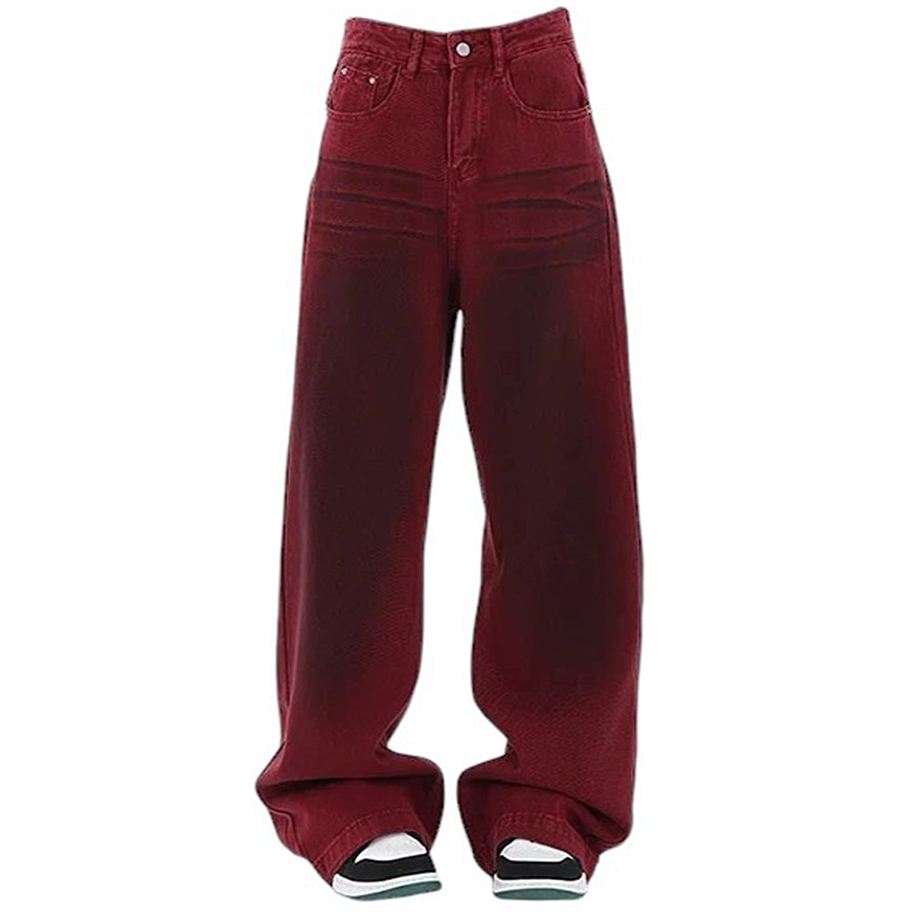 Wine Red Faded Wide Leg Jeans