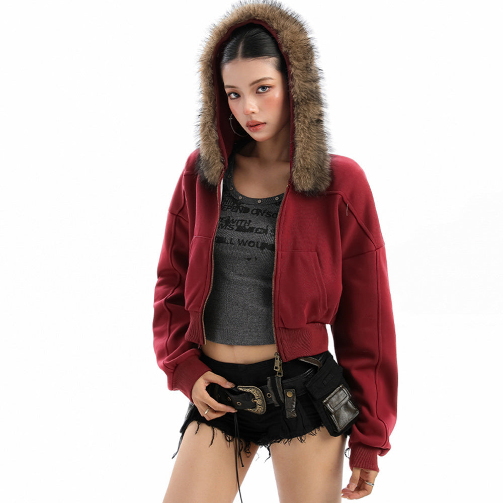 Y2K Aesthetic Cropped Fur Hoodie