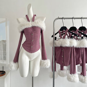 Y2K Fuzzy Off Shoulder Knit Top